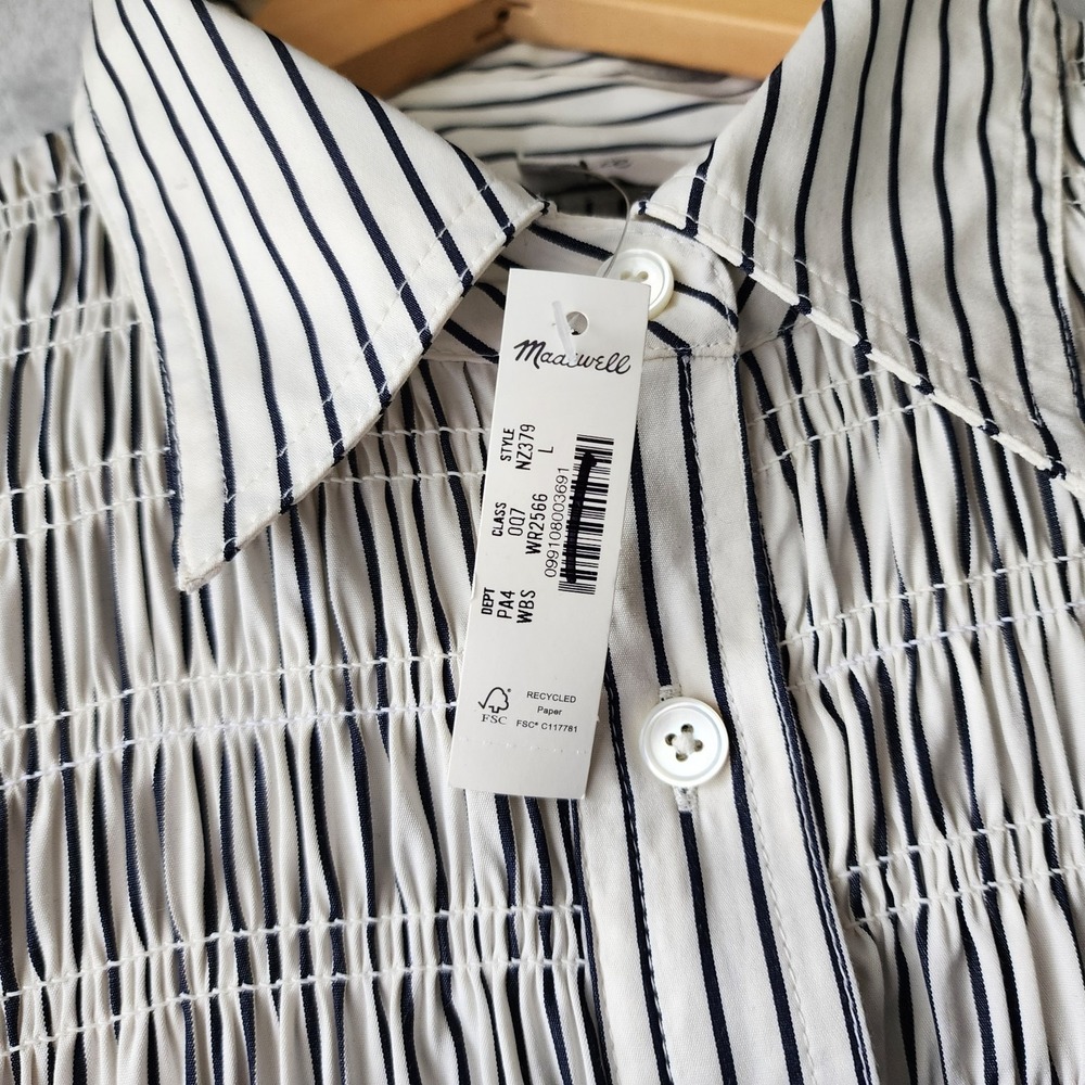Madewell Dress Size Large Smocked Black Pinstriped Cotton Pockets Shirtdress NWT - Picture 4 of 10